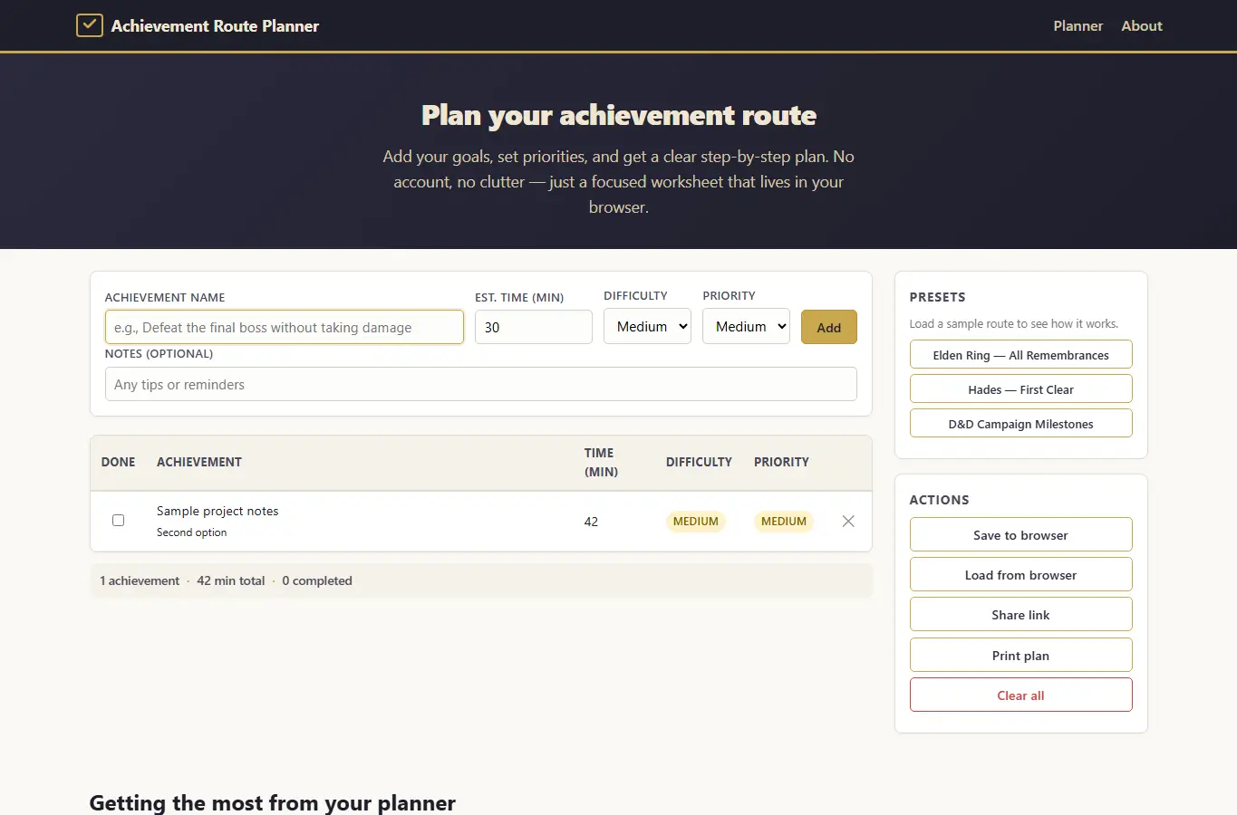 Screenshot of Achievement Route Planner interface showing the project page in use